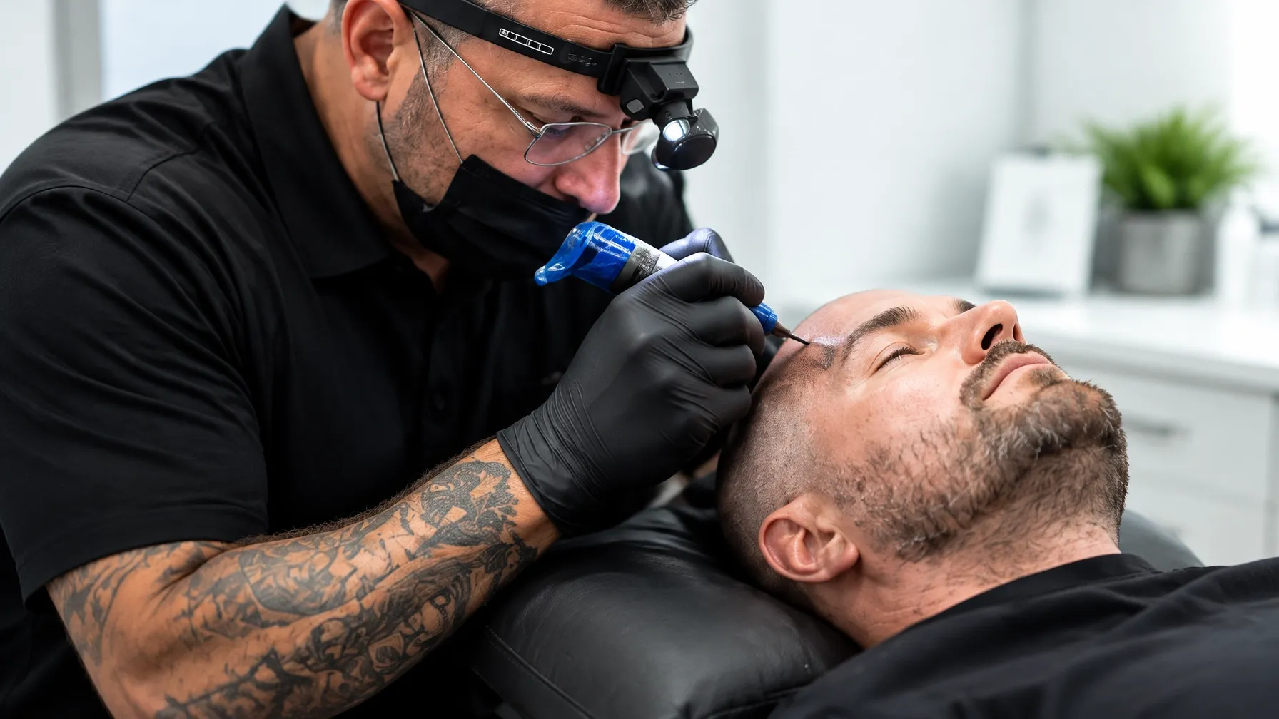 Practitioner carefully applying scalp micropigmentation to a client